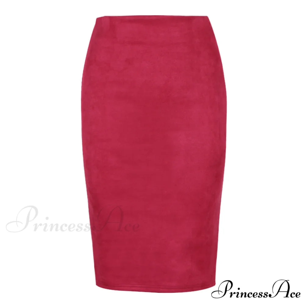 Solid Color Pencil Skirt Red / S