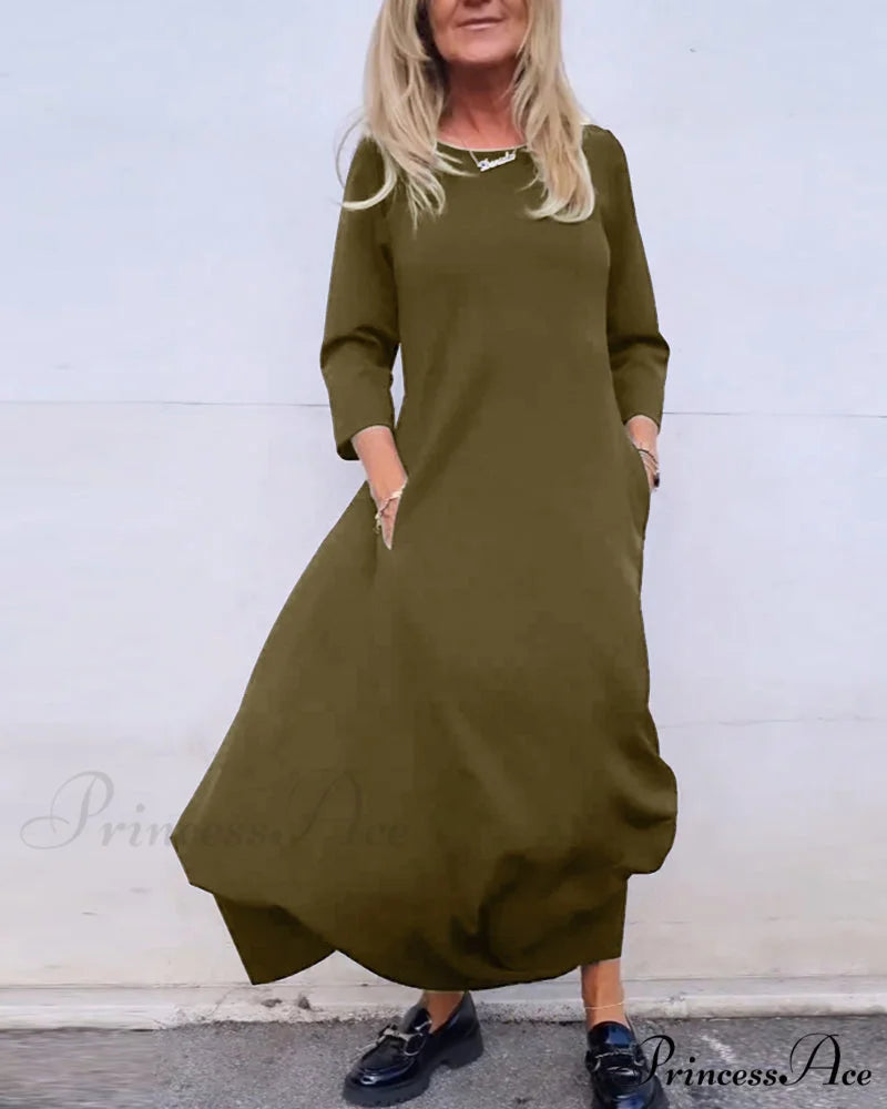 Solid Color Pocket Dress Green / S