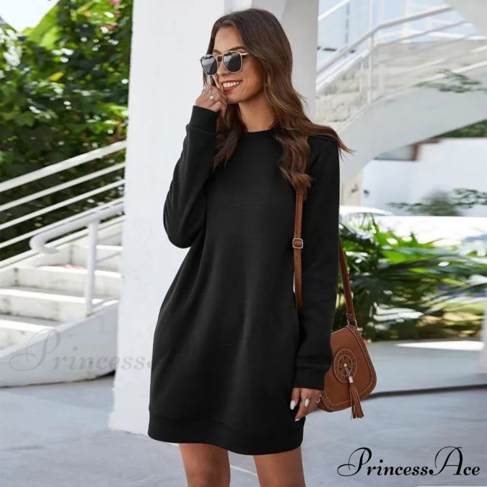 Solid Color Round Neck Long Sleeve Dress black / XL