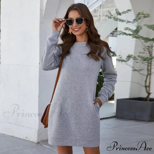 Solid Color Round Neck Long Sleeve Dress light gray / XL