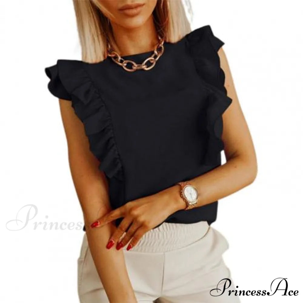 Solid Color Ruffle Sleeveless Backless Elegant Blouse Black / S