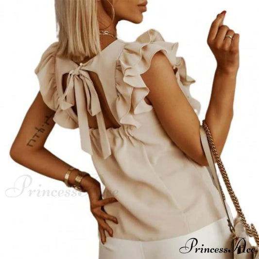 Solid Color Ruffle Sleeveless Backless Elegant Blouse Khaki / S