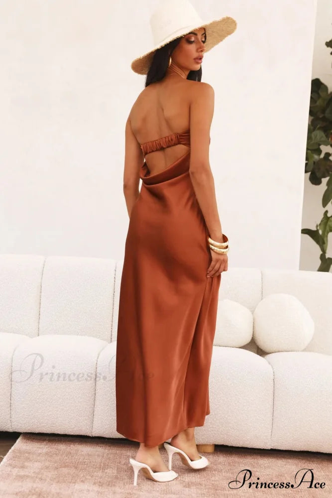Solid Color Satin Strapless Midi Dress Brown / L