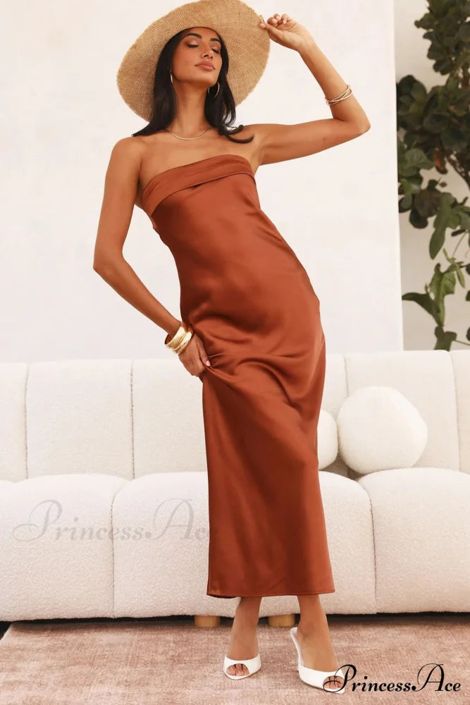 Solid Color Satin Strapless Midi Dress Brown / M