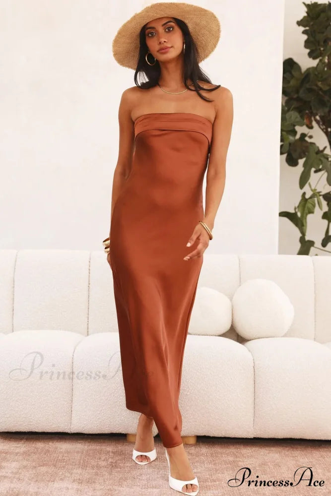 Solid Color Satin Strapless Midi Dress Brown / S