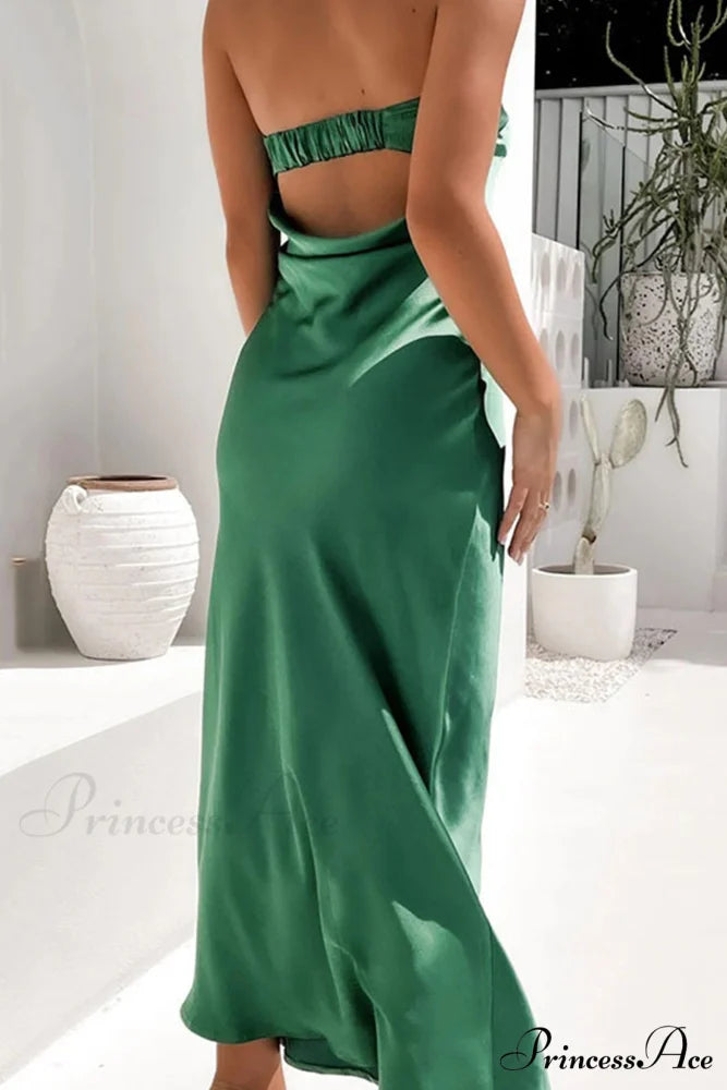 Solid Color Satin Strapless Midi Dress Green / L