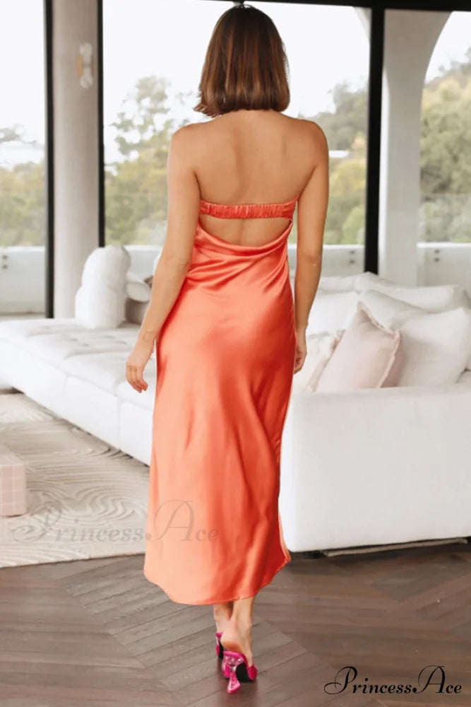 Solid Color Satin Strapless Midi Dress Orange / L