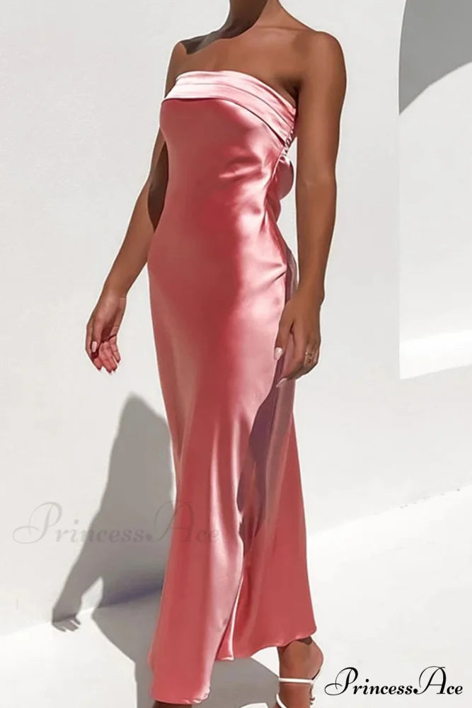 Solid Color Satin Strapless Midi Dress Pink / M