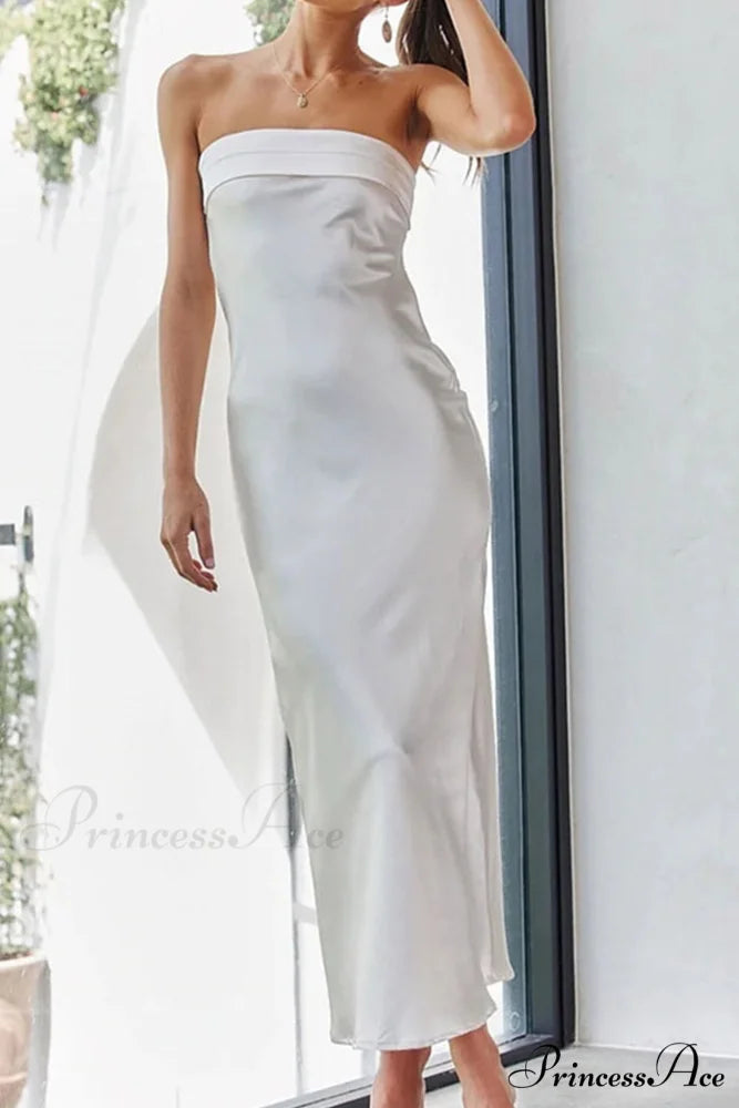 Solid Color Satin Strapless Midi Dress White / S