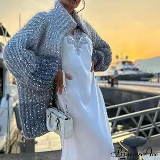 Solid Color Sequin Turtleneck Cardigan Sky Blue / S