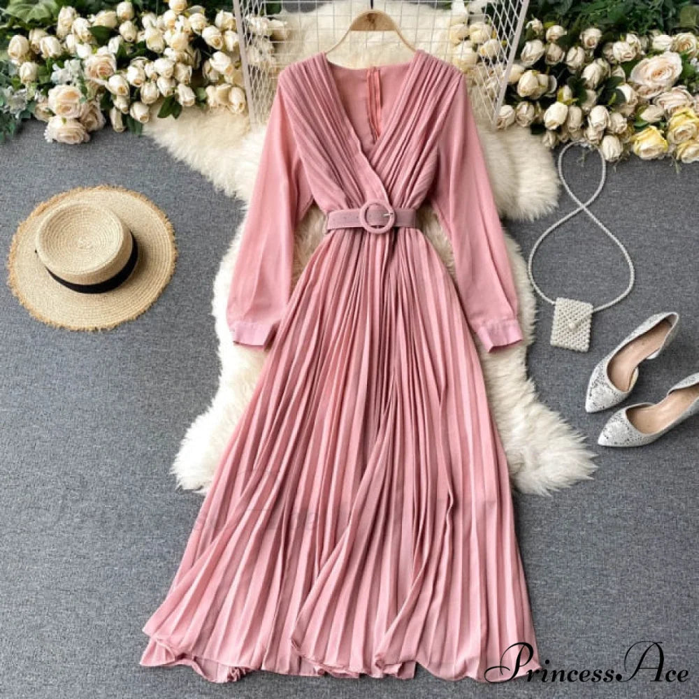 Solid Color Sexy Chiffon Pleated Dress pink / One Size