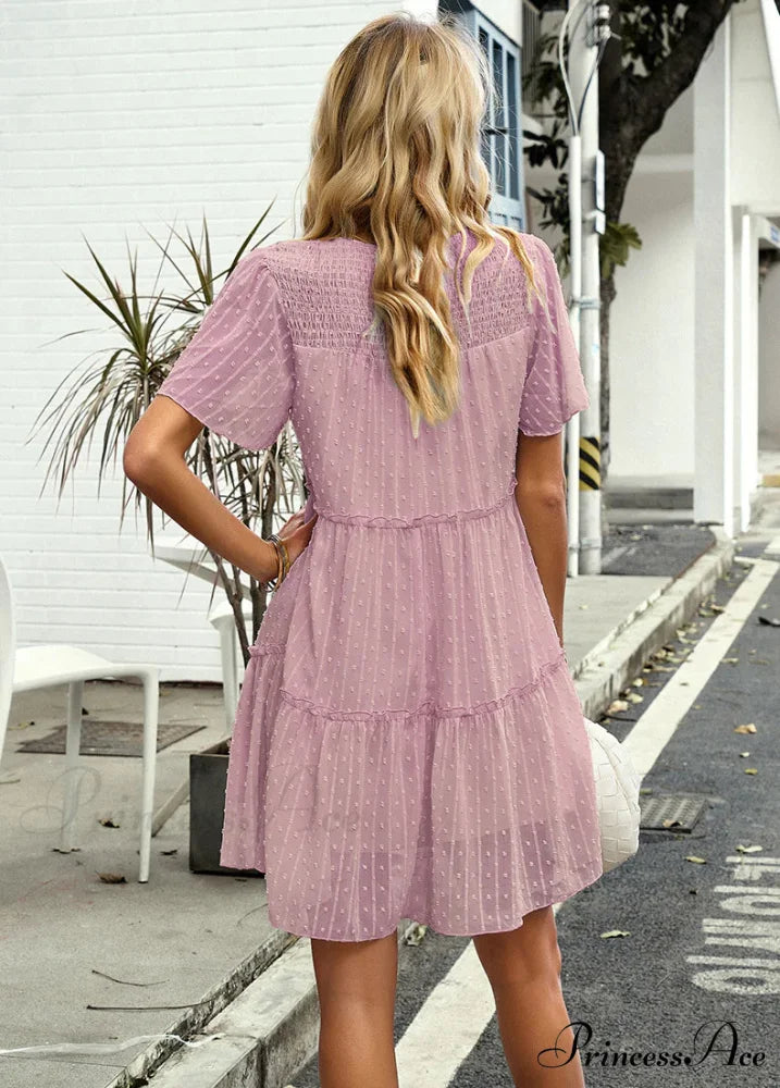 Solid Color Short Sleeve A-Line Dress M / apricot