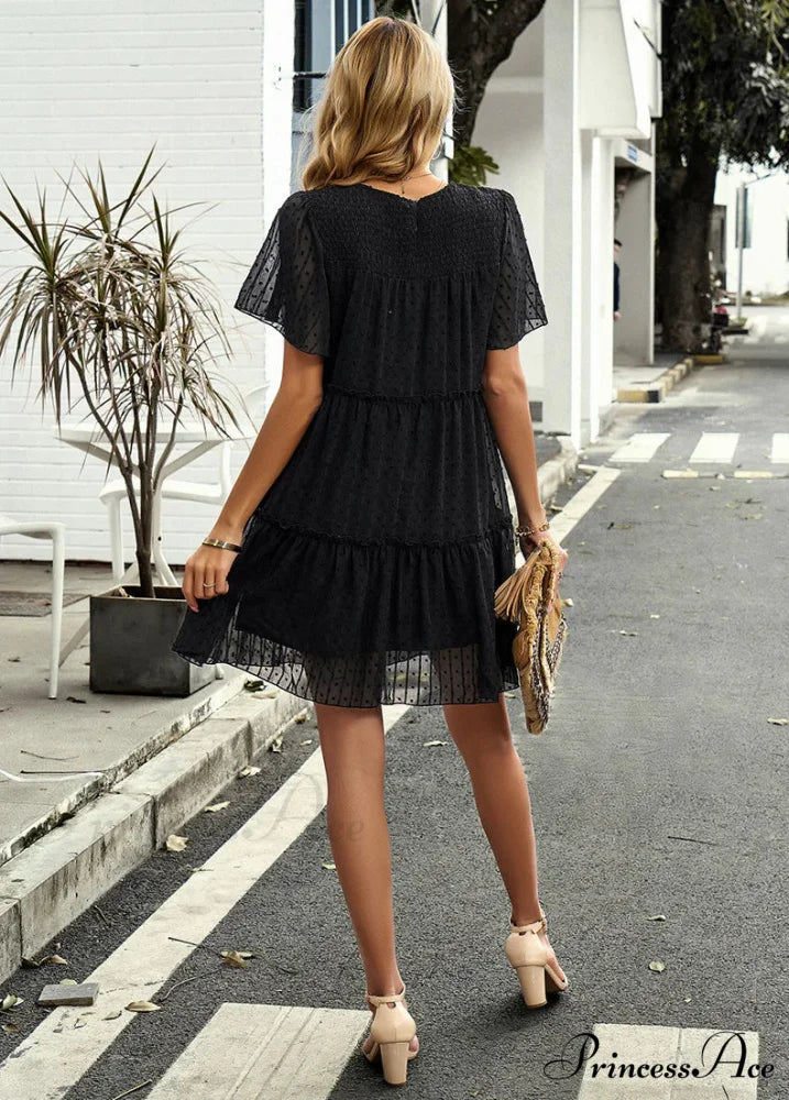 Solid Color Short Sleeve A-Line Dress S / blue