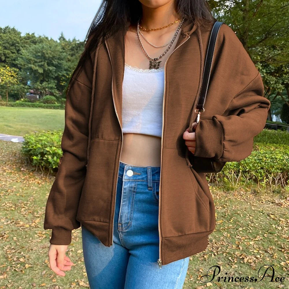 Solid Color Simple Zip-Up Coats Coffee / S