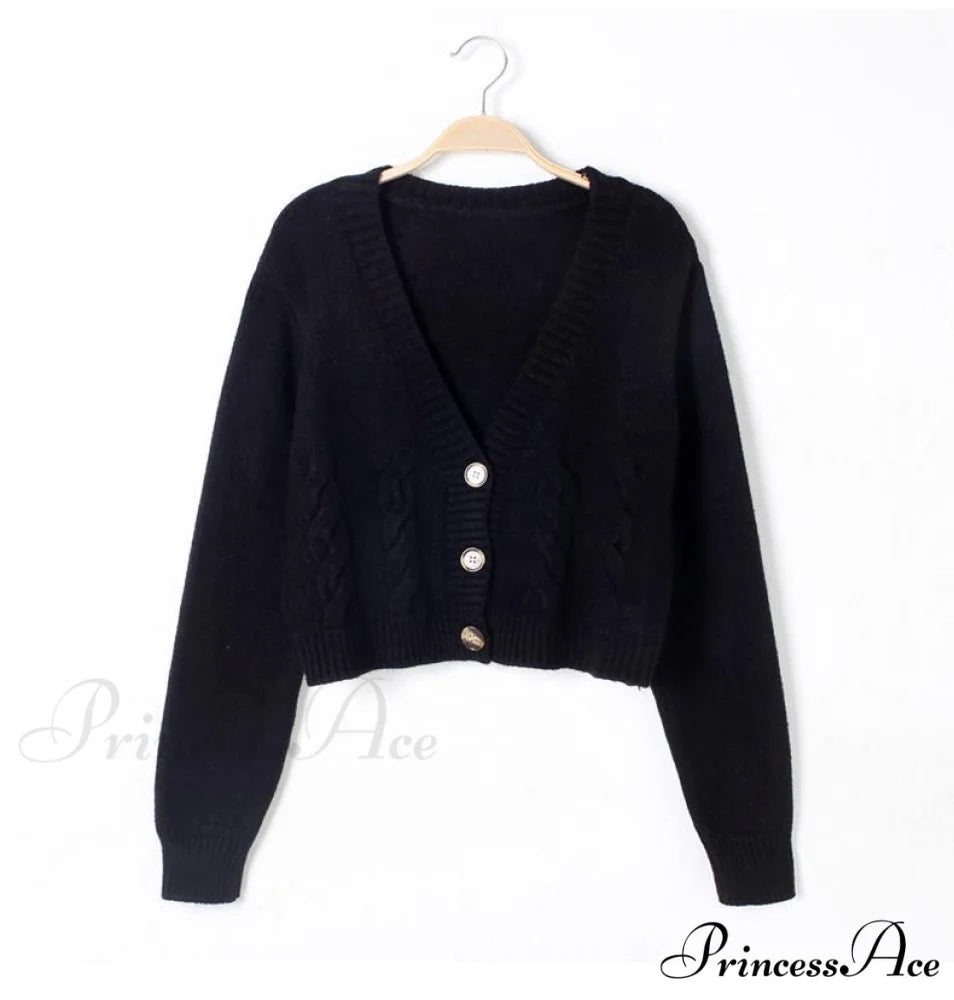 Solid Color Single-breasted Knit Cardigan Black / One Size
