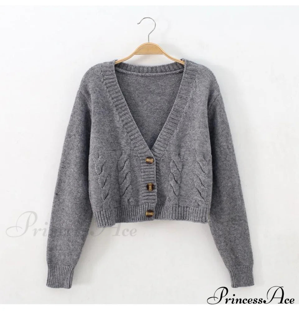 Solid Color Single-breasted Knit Cardigan Dark Grey / One Size