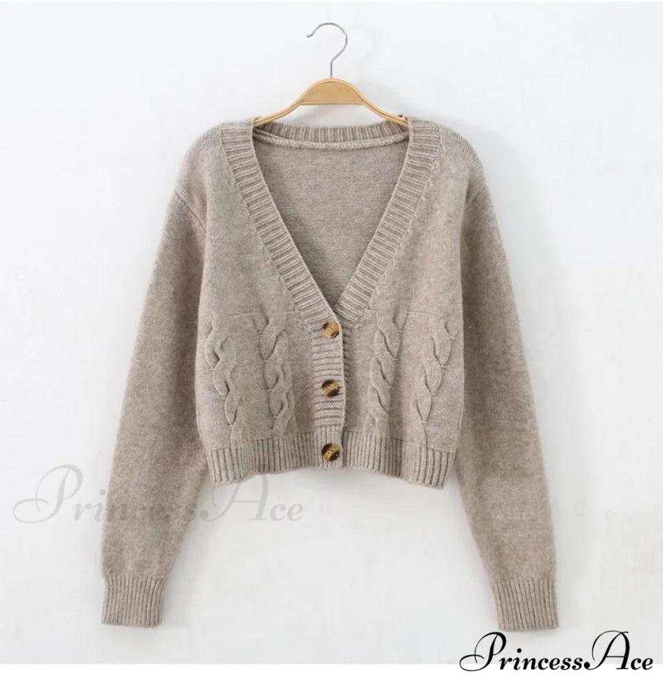 Solid Color Single-breasted Knit Cardigan Khaki / One Size
