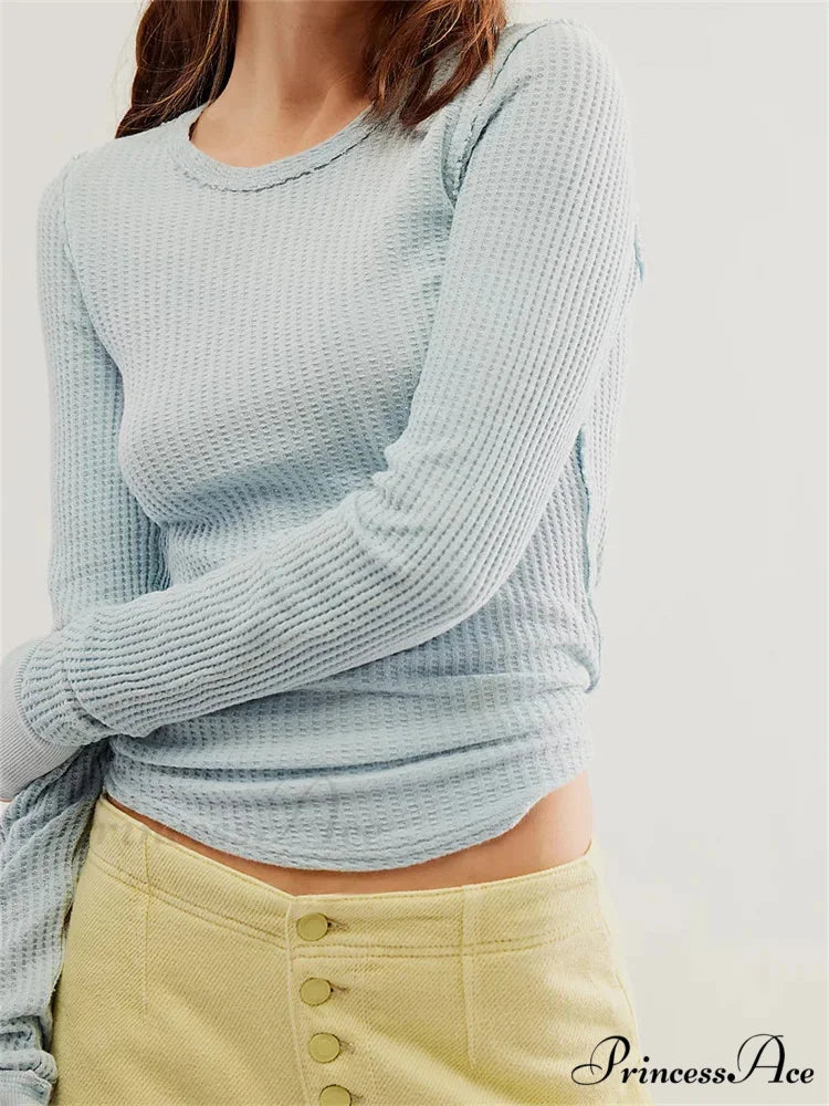 Solid Color Slim Fit Ruched Long Sleeve Basic T-Shirts BABY BLUE / S