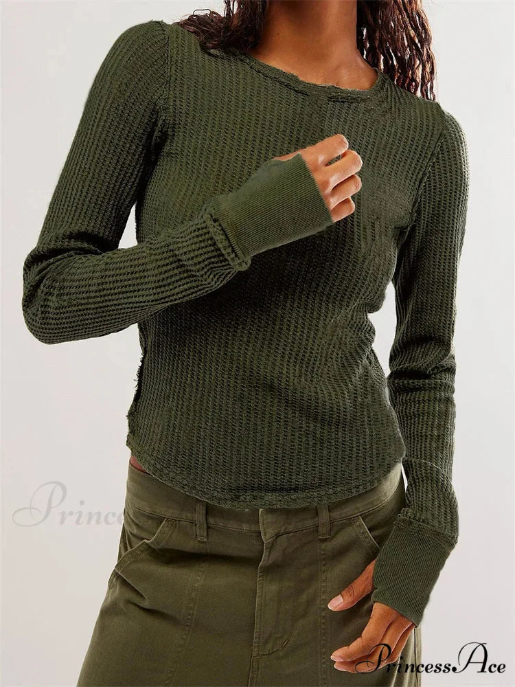 Solid Color Slim Fit Ruched Long Sleeve Basic T-Shirts GREEN / S