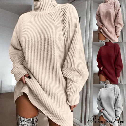 Solid Color Turtleneck Sweater Knitted Mini Dress apricot / S
