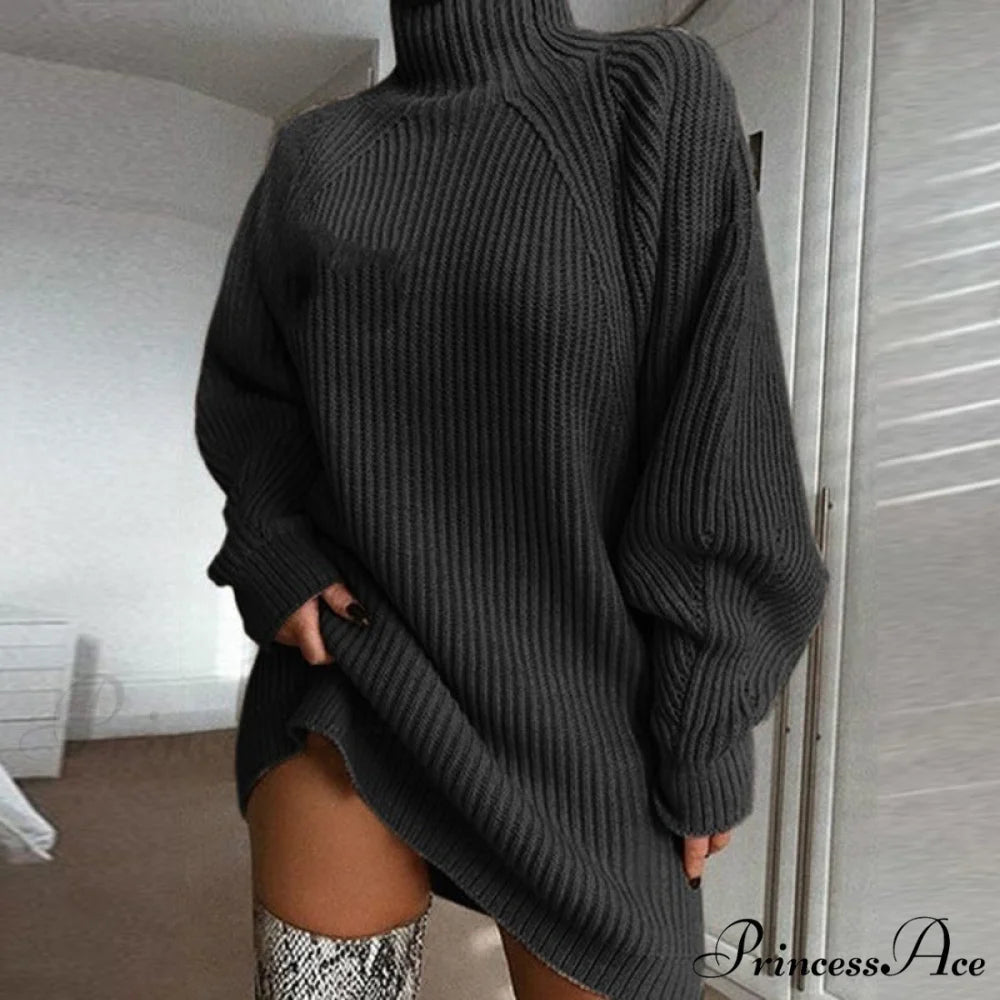Solid Color Turtleneck Sweater Knitted Mini Dress deep grey / S