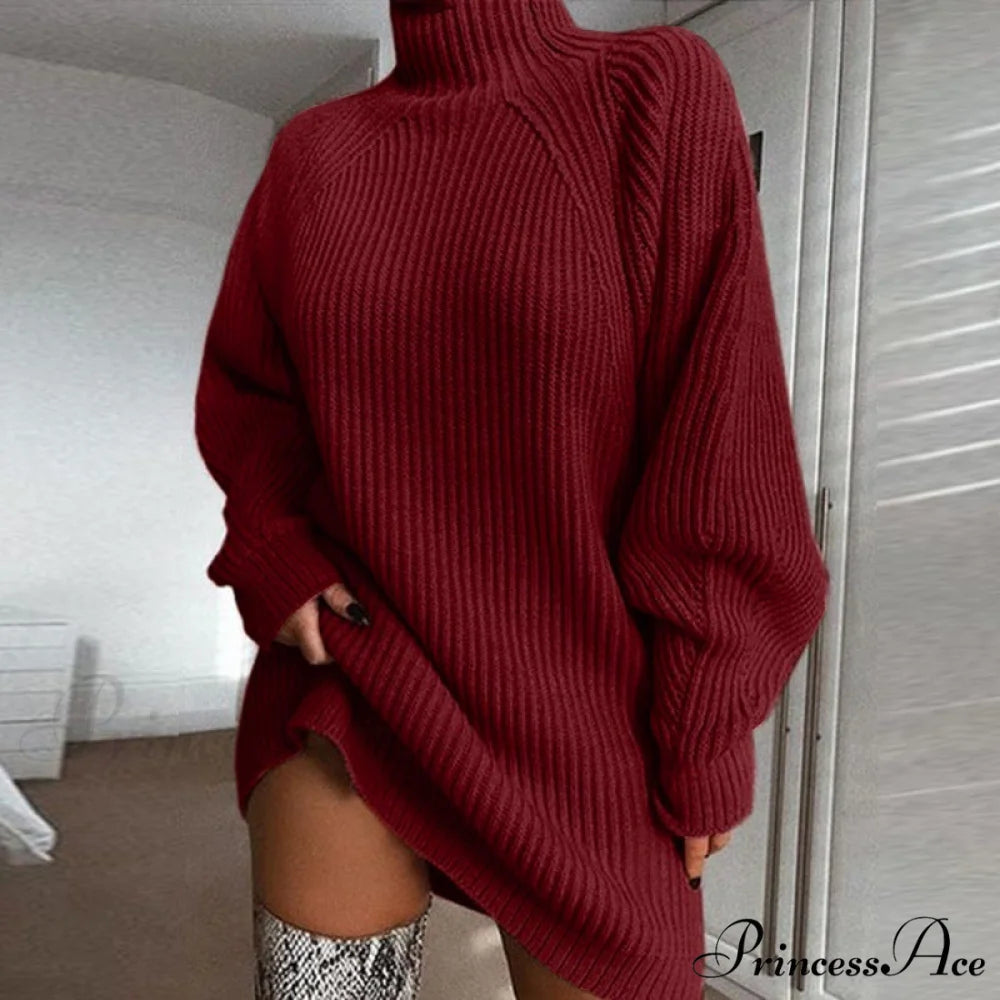 Solid Color Turtleneck Sweater Knitted Mini Dress wine red / S