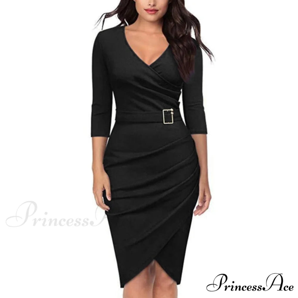 Solid Color V Neck 3/4 Sleeve Pencil Dress black / S