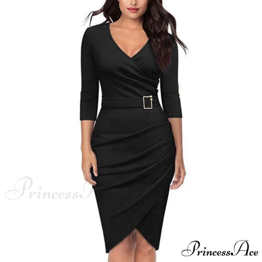 Solid Color V Neck 3/4 Sleeve Pencil Dress black / S