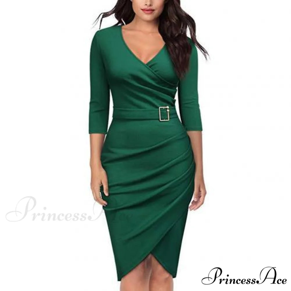 Solid Color V Neck 3/4 Sleeve Pencil Dress green / S