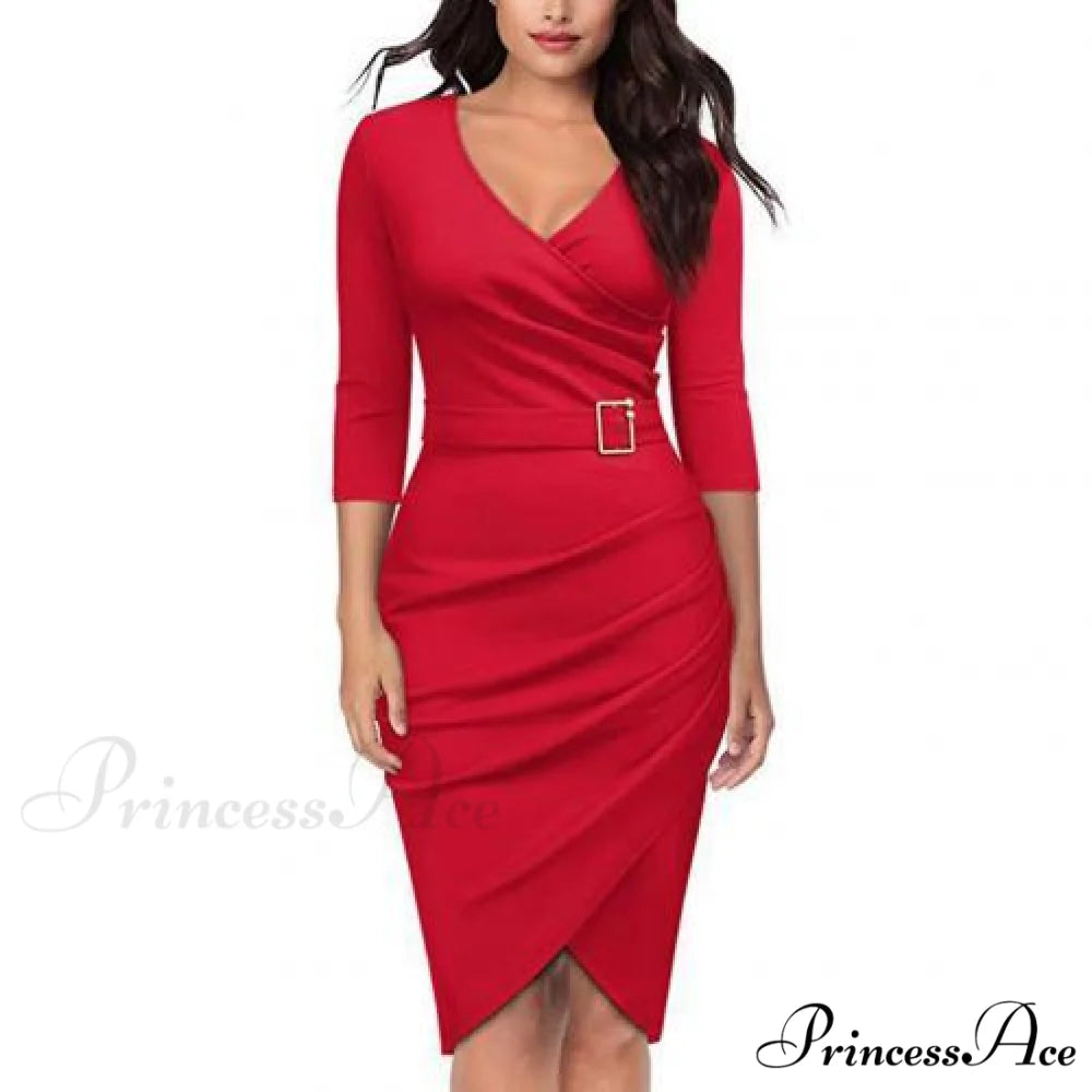Solid Color V Neck 3/4 Sleeve Pencil Dress Red / S