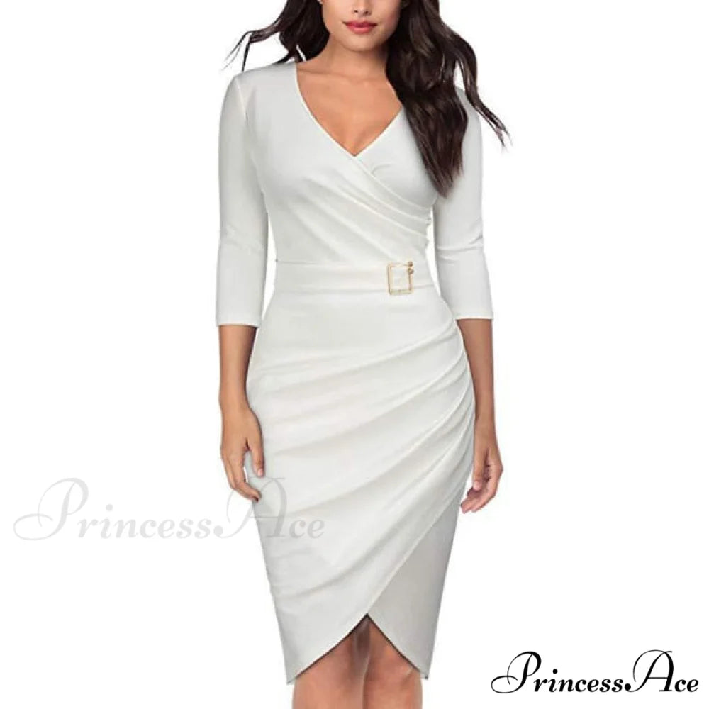 Solid Color V Neck 3/4 Sleeve Pencil Dress white / S