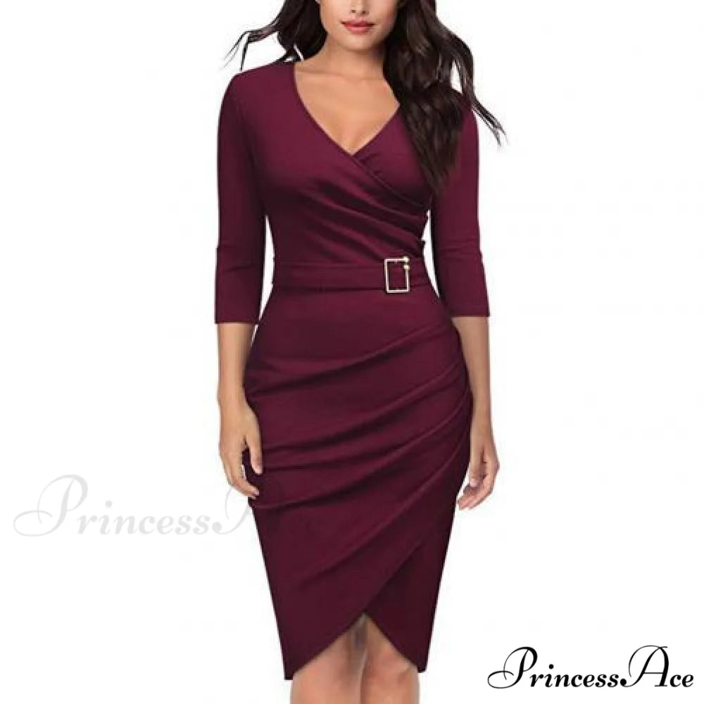 Solid Color V Neck 3/4 Sleeve Pencil Dress Wine Red / S