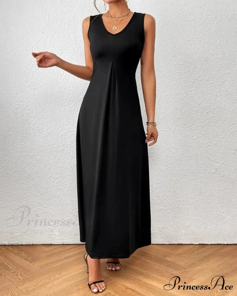 Solid color V-neck maxi dress Black / S