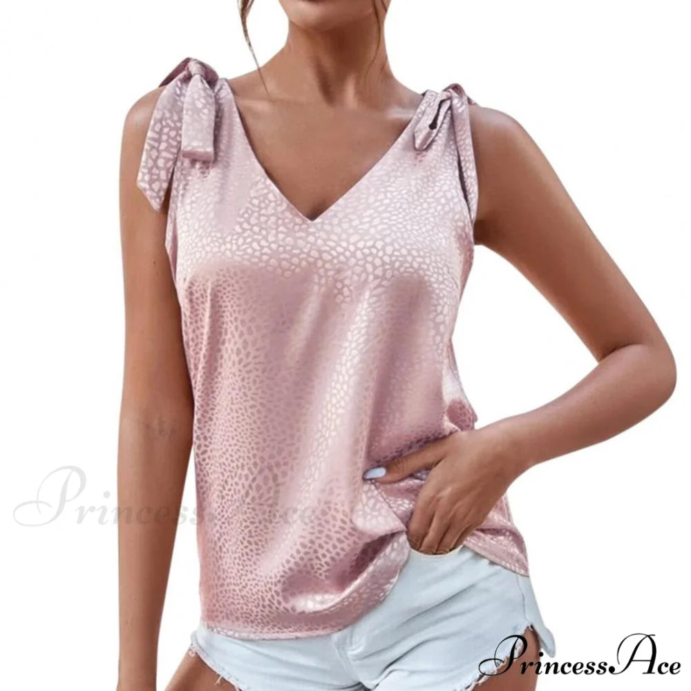 Solid Color V Neck Sleeveless Bow Tie Strap Lacing Blouse Pink / S