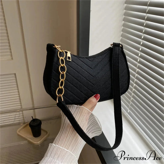 Solid Color Vintage Underarm Shoulder Bag Black shoulder-250126