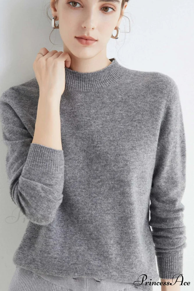 Solid Color Wool Sweater with Mock Neck Grey / S