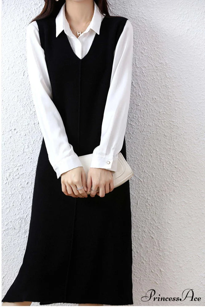 Solid Color Wool Tank Dress with V Neck Black / M