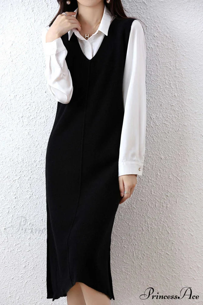 Solid Color Wool Tank Dress with V Neck Black / XL