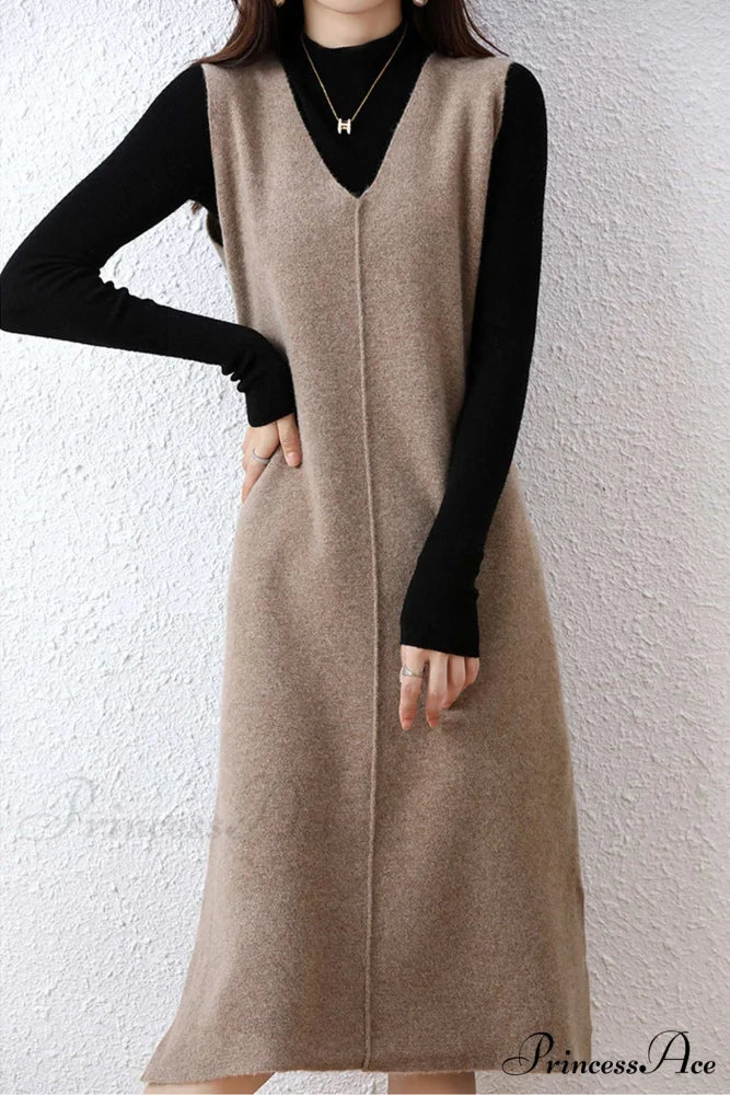 Solid Color Wool Tank Dress with V Neck Dark Camel / M
