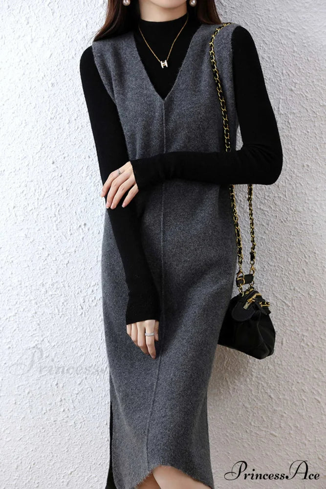 Solid Color Wool Tank Dress with V Neck Grey / M