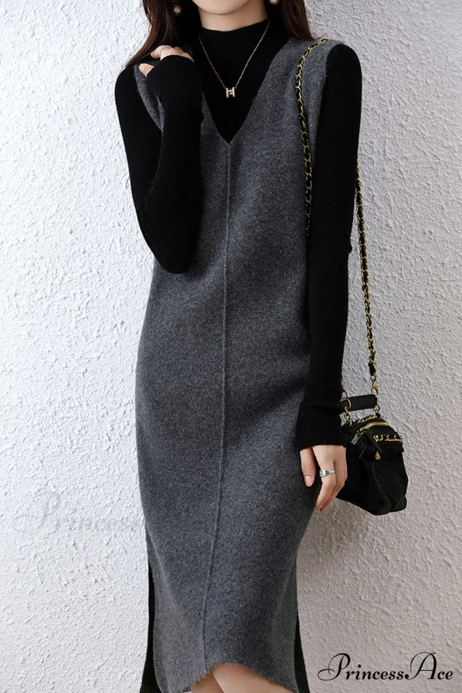 Solid Color Wool Tank Dress with V Neck Grey / XL
