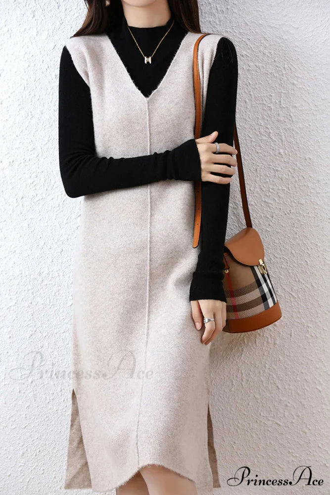 Solid Color Wool Tank Dress with V Neck Light Camel / M