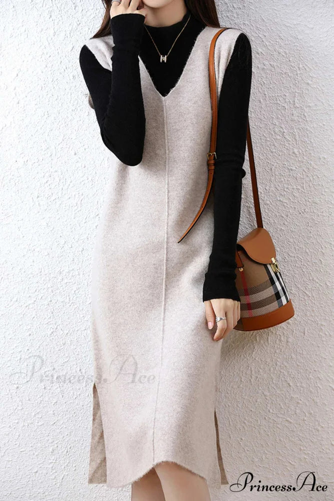 Solid Color Wool Tank Dress with V Neck Light Camel / XL
