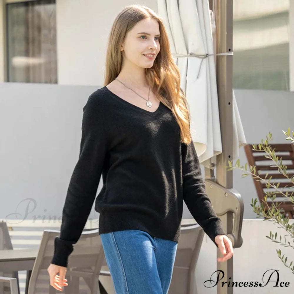 Solid Cozy V-neck Black Casual Long Sleeve Stylish Knitted Autumn Sweater