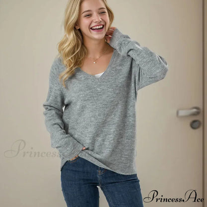 Solid Cozy V-neck Black Casual Long Sleeve Stylish Knitted Autumn Sweater