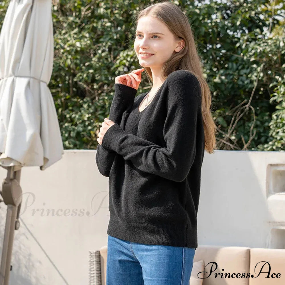 Solid Cozy V-neck Black Casual Long Sleeve Stylish Knitted Autumn Sweater