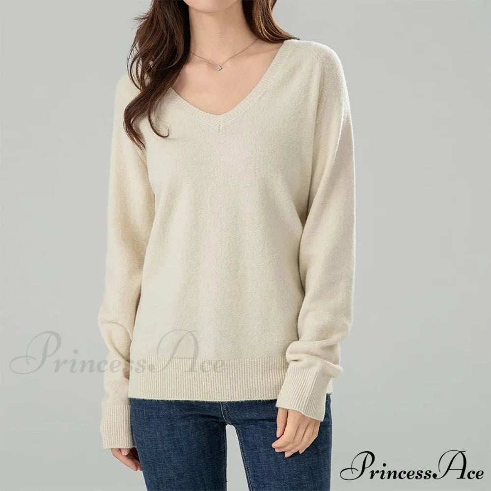 Solid Cozy V-neck Black Casual Long Sleeve Stylish Knitted Autumn Sweater Beige / S