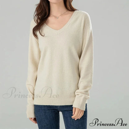 Solid Cozy V-neck Black Casual Long Sleeve Stylish Knitted Autumn Sweater Beige / S