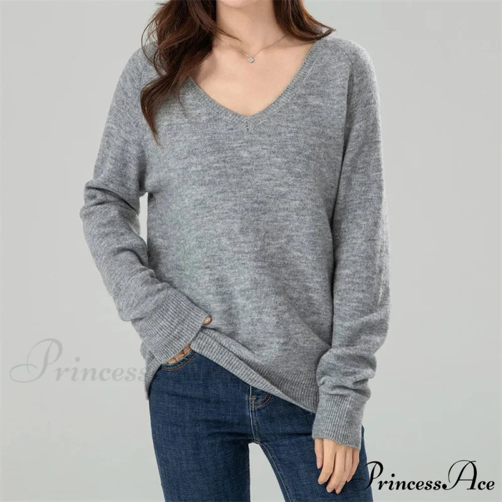Solid Cozy V-neck Black Casual Long Sleeve Stylish Knitted Autumn Sweater GRAY / S