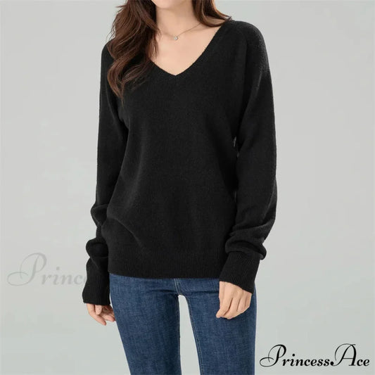 Solid Cozy V-neck Black Casual Long Sleeve Stylish Knitted Autumn Sweater Black / S